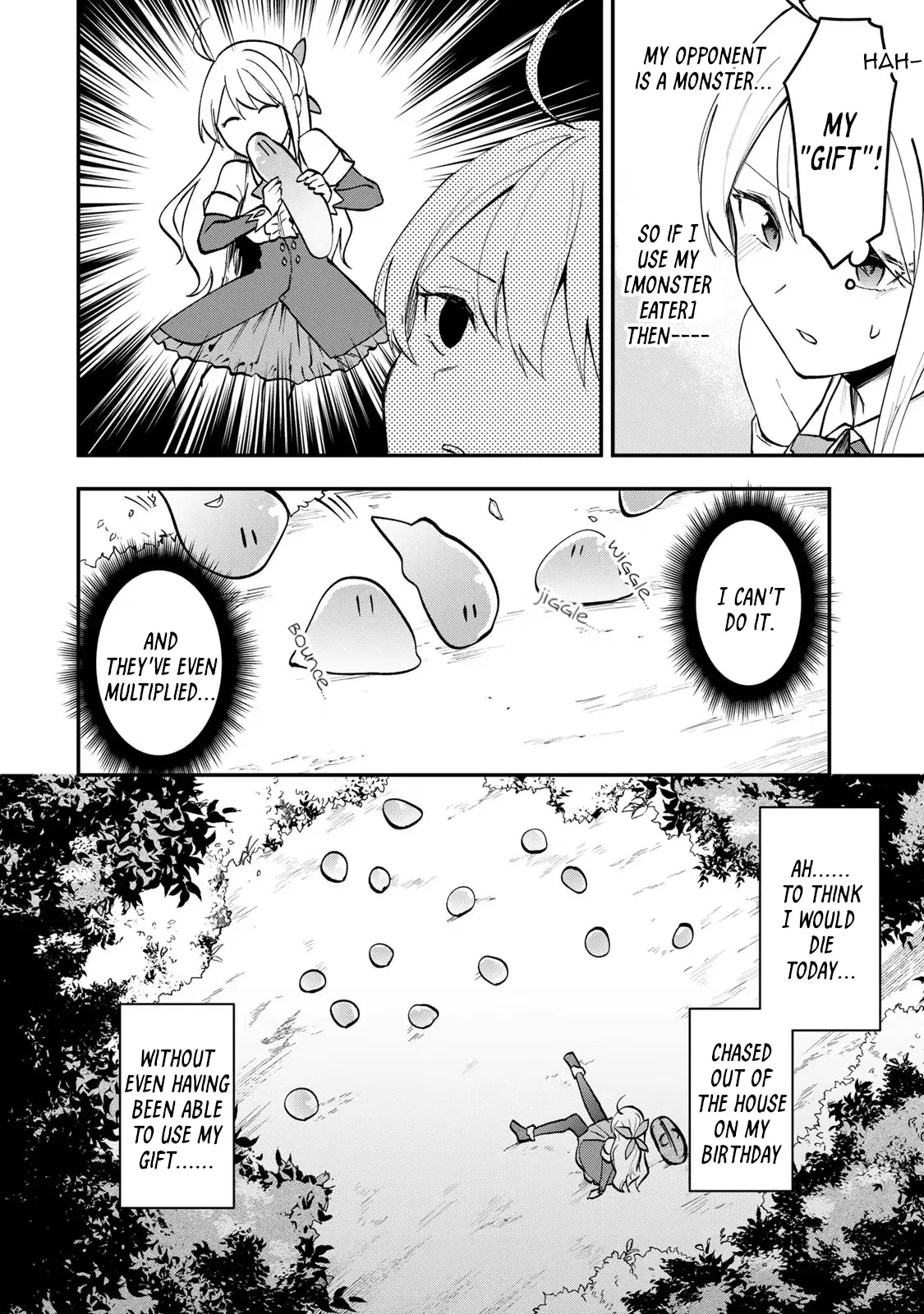 Tsuihousareta Ojou-Sama No "Monster Wo Taberu Hodo Tsuyoku Naru" Skill Wa, 1-Shoku De 1 Level Up Suru Zendaimimon No Saikyou Skill Deshita. 3-Nichi De Jinrui Saikyou Ni Narimashita Wa~! - Vol.1 Chapter 1: Gobbling Up Slime Sherbet!