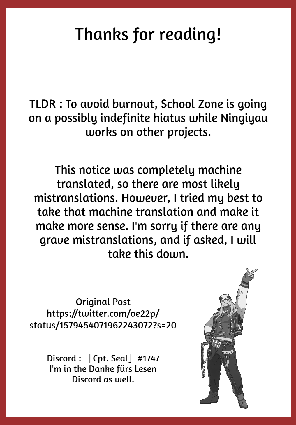 School Zone (Ningiyau) - Chapter 99.5: Hiatus Notice